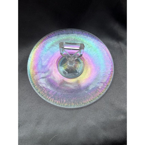 Vintage Clear Iridescent Depression Glass Center Handled Tid Bit Tray - Picture 4 of 14